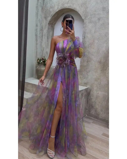 One Shoulder Long-Sleeved Floral Dress - Glide Goods LLC