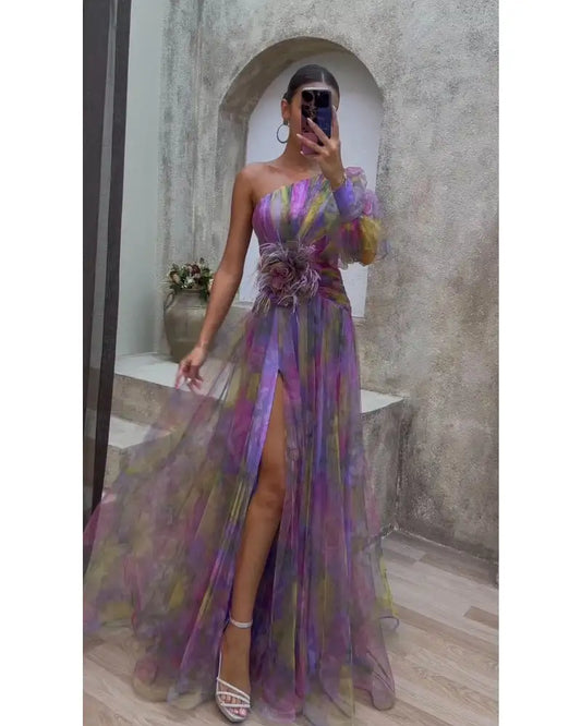 One Shoulder Long-Sleeved Floral Dress - Glide Goods LLC