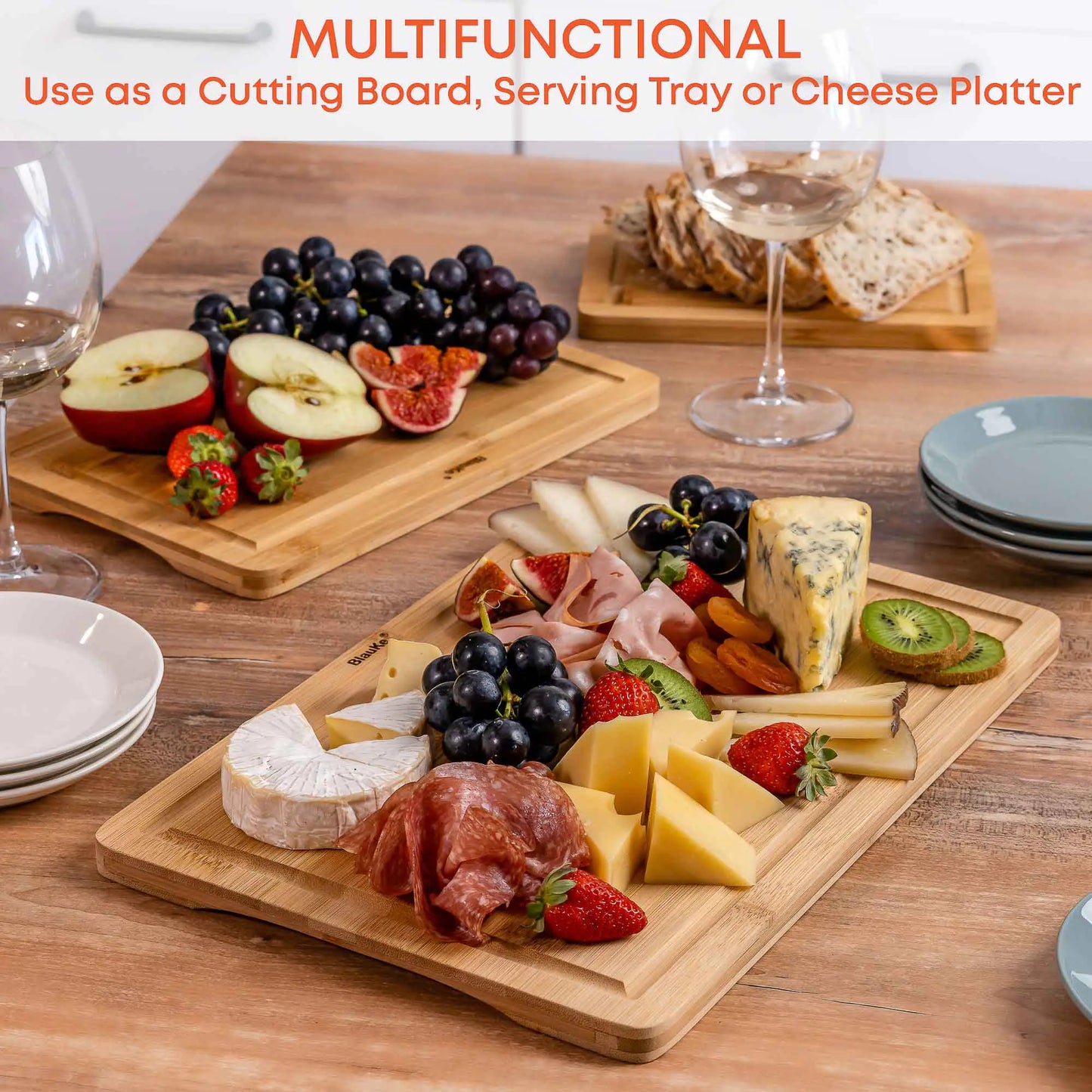 Wooden Cutting Boards for Kitchen with Juice Groove and Handles - Bamboo Chopping Boards Set of 3 - Wood Serving Trays - Glide Goods LLC