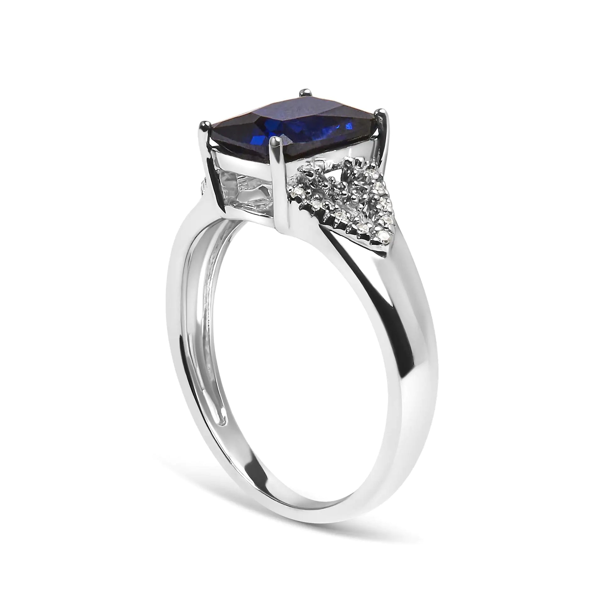 .925 Sterling Silver 9X7 mm Cushion Cut Blue Sapphire and White Diamond Step up Engagement Ring (I-J Color, I3 Clarity) - Glide Goods LLC