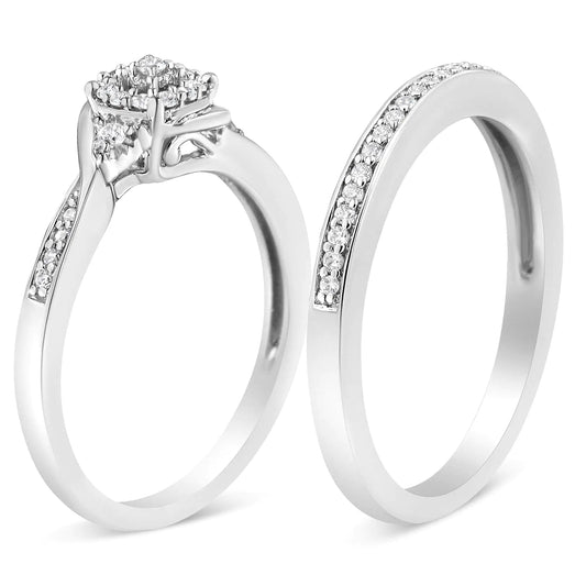 .925 Sterling Silver 1/4 Cttw Diamond Halo and Swirl Engagement Ring and Wedding Band Set (I-J Color, I3 Clarity) - Glide Goods LLC