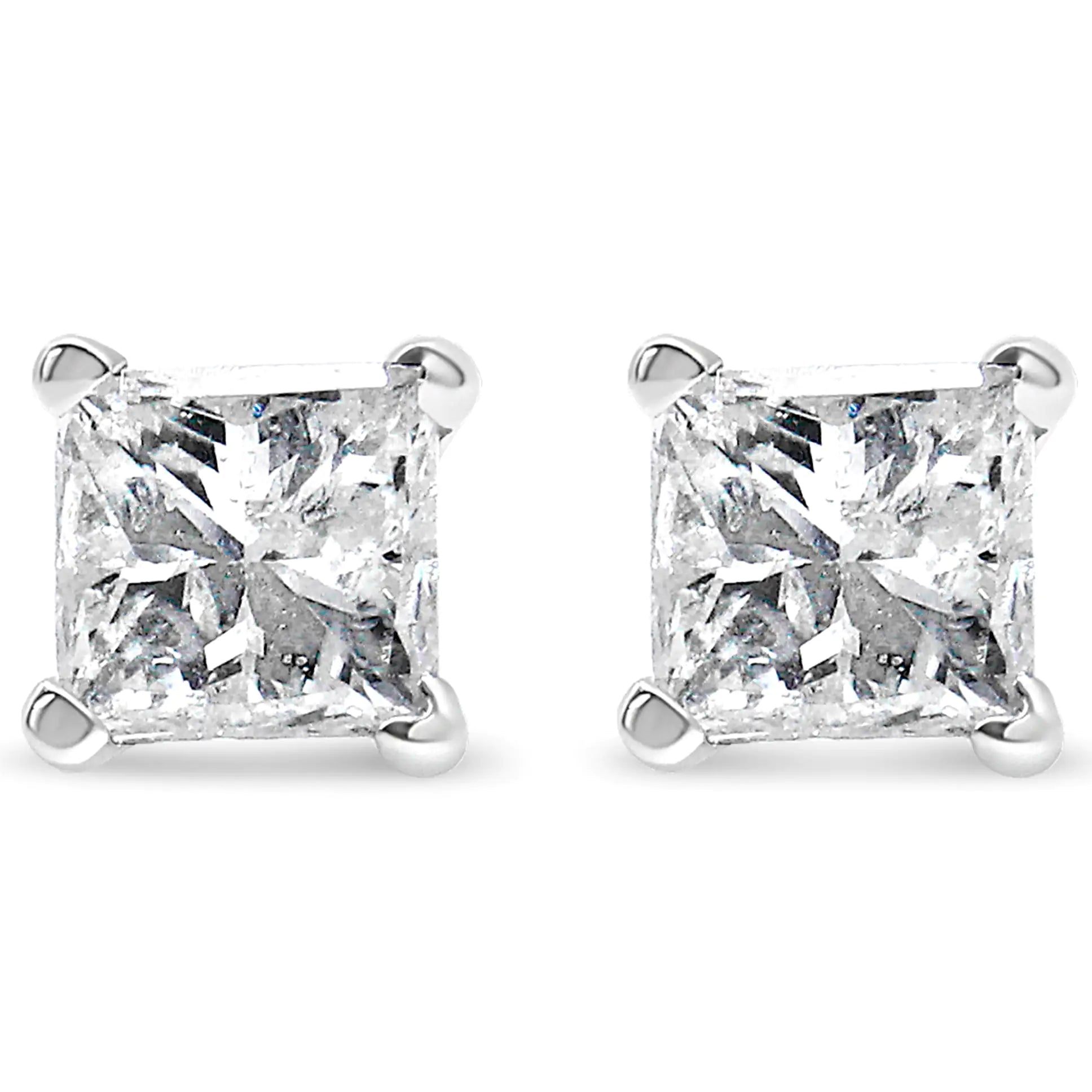 AGS Certified 14k Gold 4-Prong Set Princess-Cut Solitaire Diamond Push Back Stud Earrings (I-J Color, SI2-I1 Clarity)