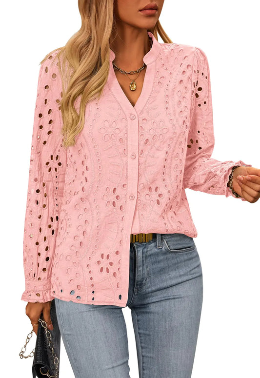 Women’s Embroidered Eyelet Cotton Blouse – Elegant &amp; Chic - Glide Goods LLC