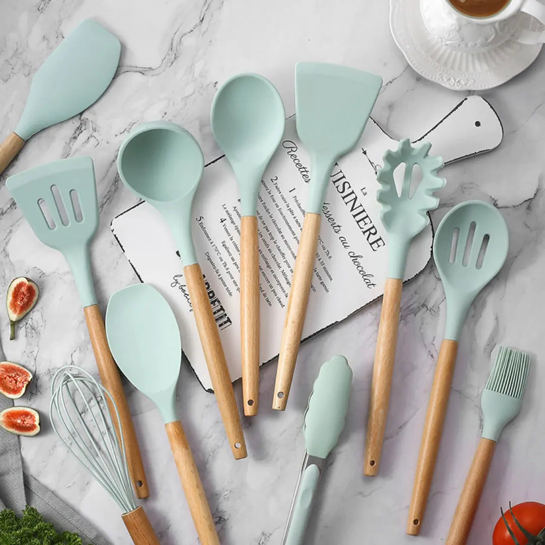 5/12pc Kitchen Utensil Set Wooden Handle - Glide Goods LLC