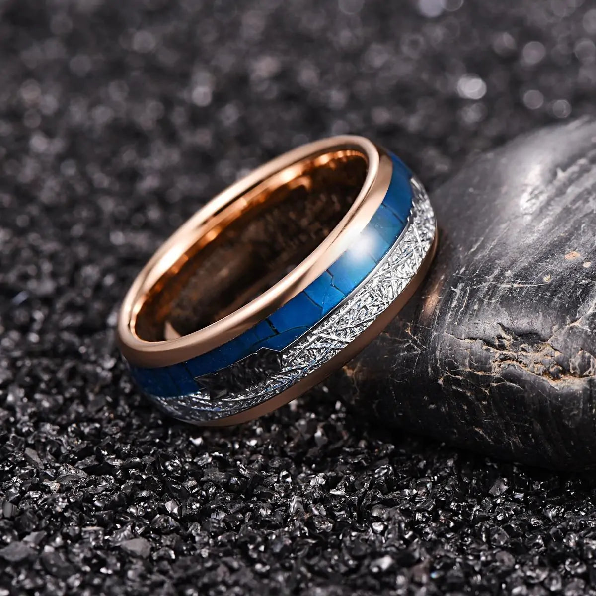 Blue and Rose Gold Arrow Tungsten Ring - Glide Goods LLC