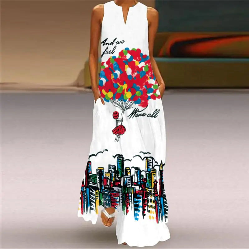 V-Neck Sleeveless Pocket Dress with Digital Print - Glide Goods LLC