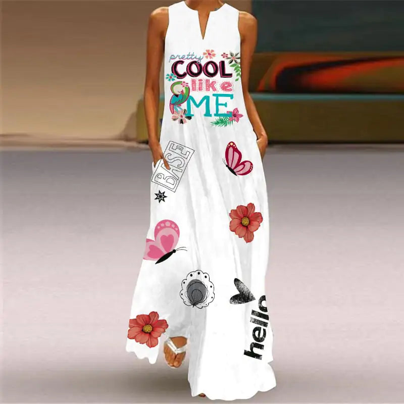 V-Neck Sleeveless Pocket Dress with Digital Print - Glide Goods LLC