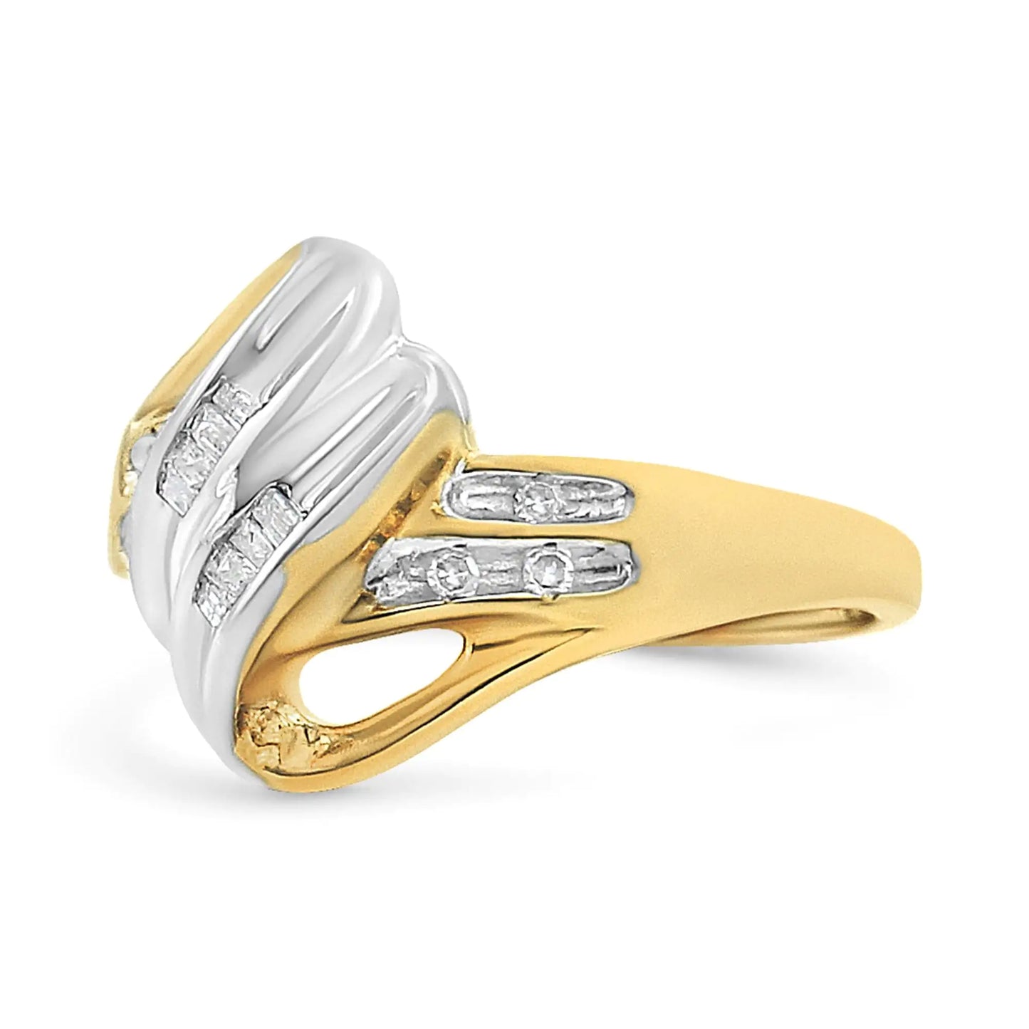 10K Yellow and White Gold 1/10 Cttw Baguette and Round-Cut Diamond Bypass Ring (I2 Color, H-I Clarity) - Glide Goods LLC