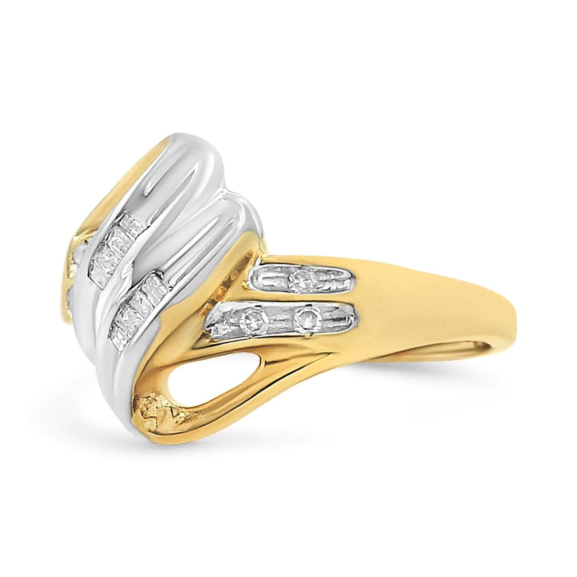 10K Yellow and White Gold 1/10 Cttw Baguette and Round-Cut Diamond Bypass Ring (I2 Color, H-I Clarity) - Glide Goods LLC