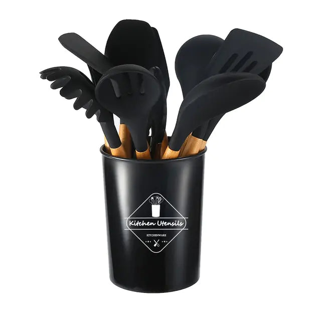 5/12pc Kitchen Utensil Set Wooden Handle - Glide Goods LLC