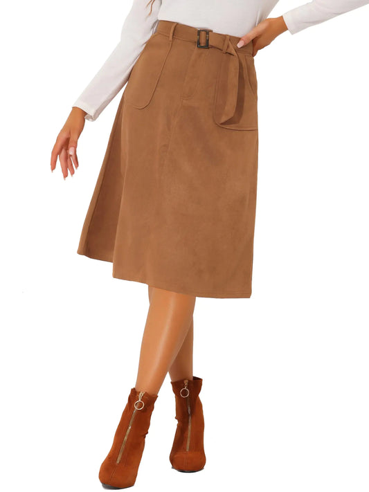 Allegra K Women's Faux Suede Midi Skirt with Belt – Caramel - Glide Goods LLC
