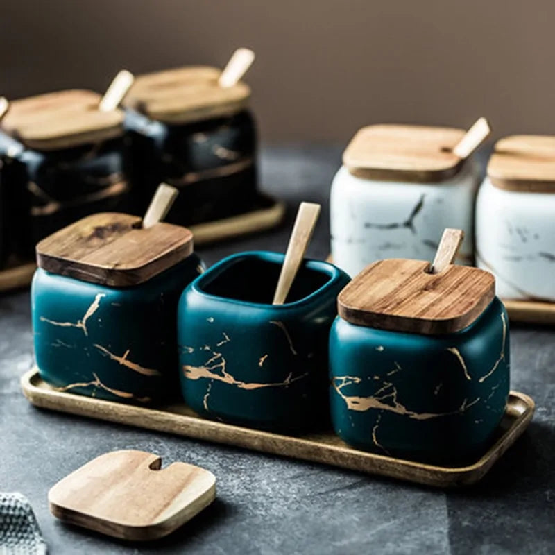 Marble Pattern Ceramic Kitchen Seasoning Tank Set - Glide Goods LLC